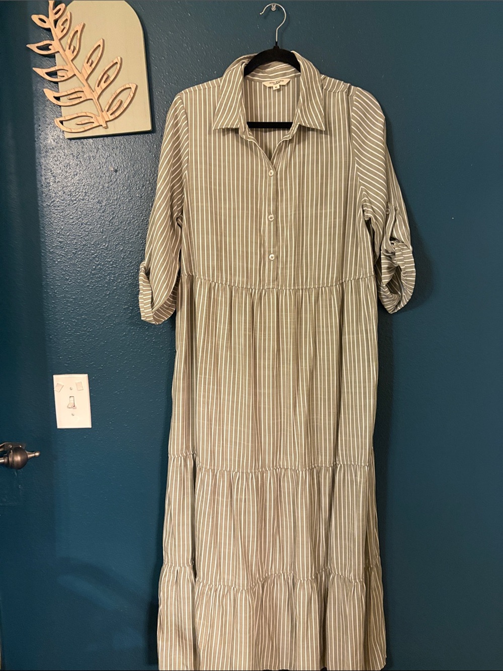 Max Studio Sage Green and White Striped Maxi Shirt Dress